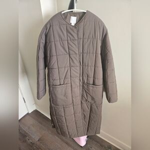 H&M Quilted Puffer Coat Jacket with Belt Size S Khaki Brown